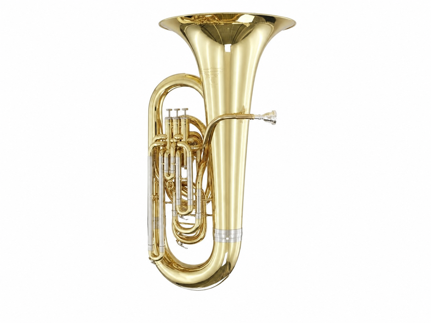 An upright gold orchestral tuba against a white background